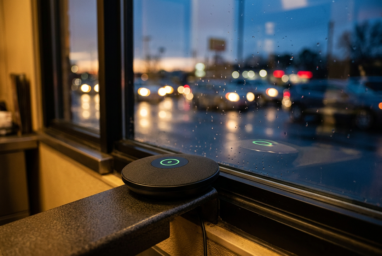 Storefox listening device at a QSR drive-thru window