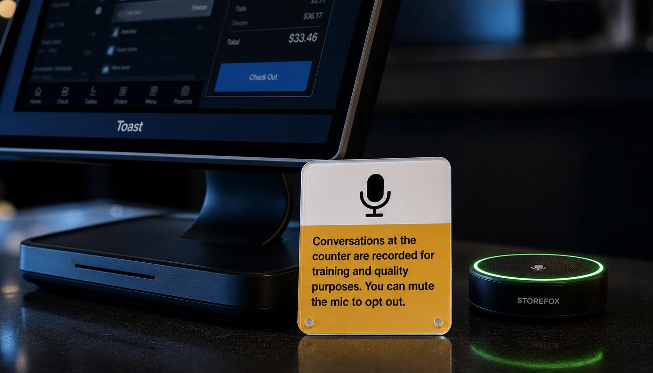 Storefox listening device beside a restaurant POS terminal